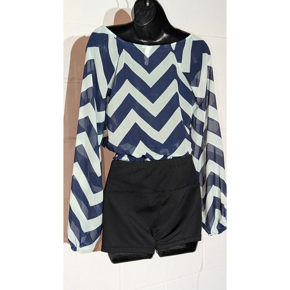Xhilaration Chevron Blouse Top Long Sleeve Blue Teal Smocked Waist Sheer Small - Picture 3 of 5